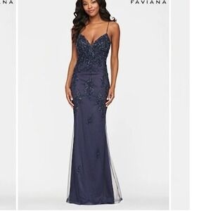 Faviana Glamour Navy Blue‎ Beaded Lace Up Back Prom Dress Evening S10633 16 New